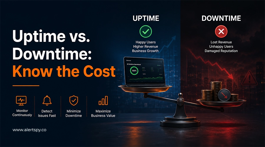Website uptime versus downtime cost illustration for AlertSpy